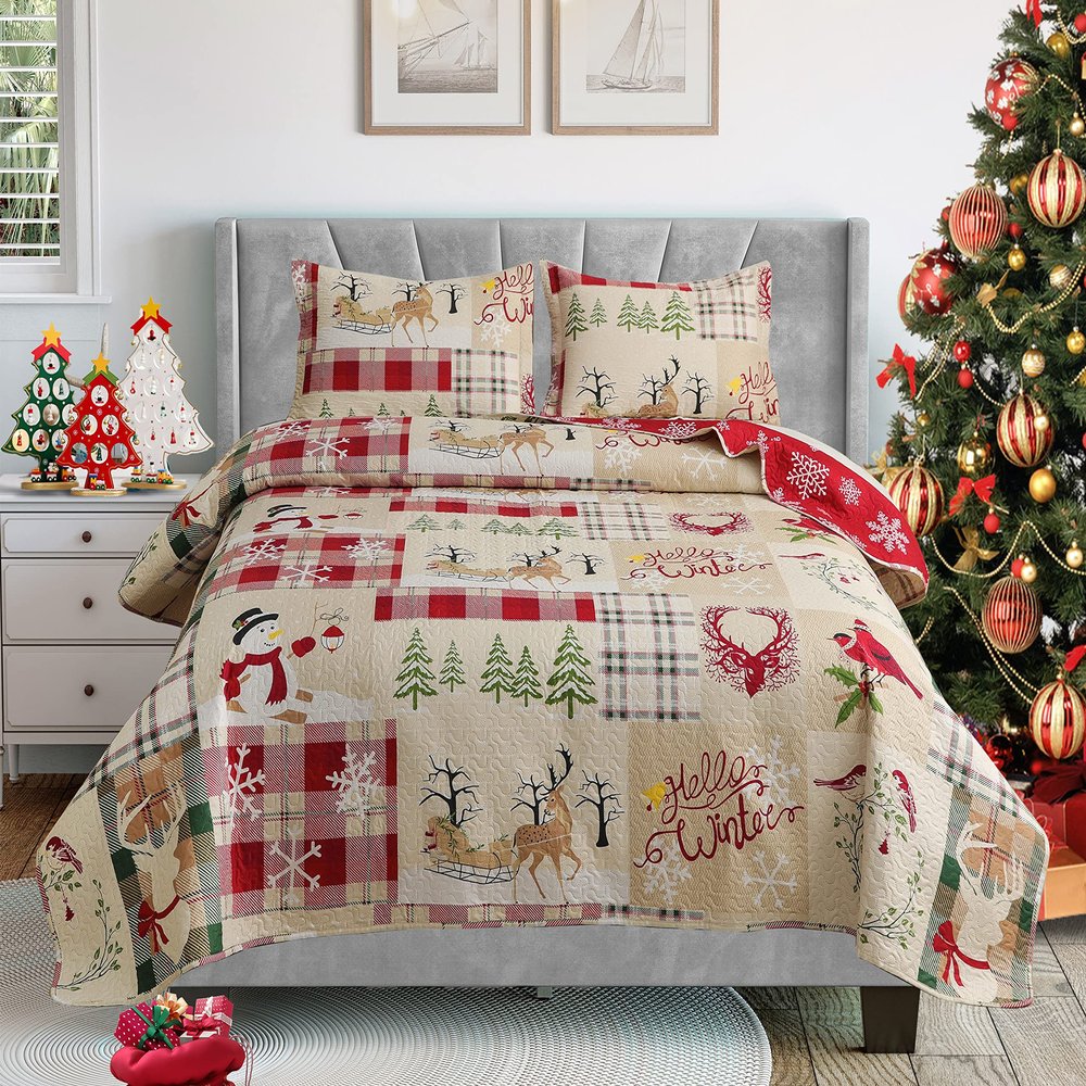 Jarson Christmas Quilt Set King Size 3-Piece Xmas Bedspread Reversible Coverlet Snowman Deer Pattern for New Year Bed Decor, Lightweight Bed Cover(1 Quilt + 2 Pillow Shams, Beige Green)