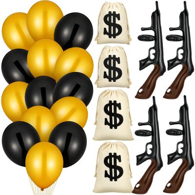 Shappy 32 Pcs Inflatable Gun Props Canvas Money Bag Pouch Set Black and Gold Balloons 1920s Party Decorations with Drawstring Closure Guns Favors 20s Cosplay Theme Birthday Accessories