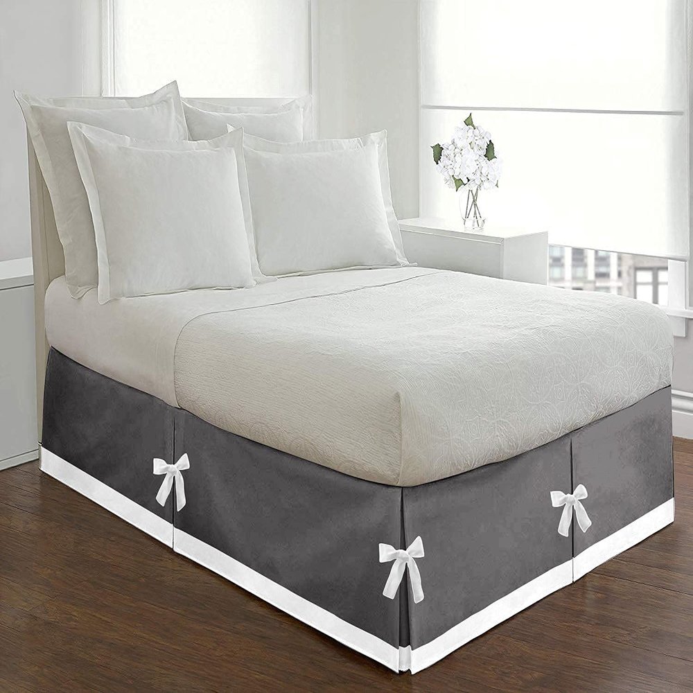 High Kotton One Piece Two Tone Split Corner Tie Bed Skirt 100% Egyptian Cotton 1000 Thread Count, 15 Inch Drop Length - Queen Size Solid White/Dark Grey