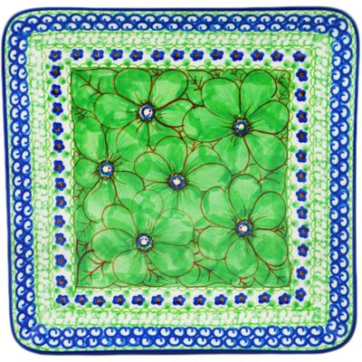 Polmedia Polish Pottery Square Platter 8-inch UNIKAT - Key Lime Dreams Pattern Handmade in Boleslawiec Poland by Ceramika Artystyczna + Certificate of Authenticity