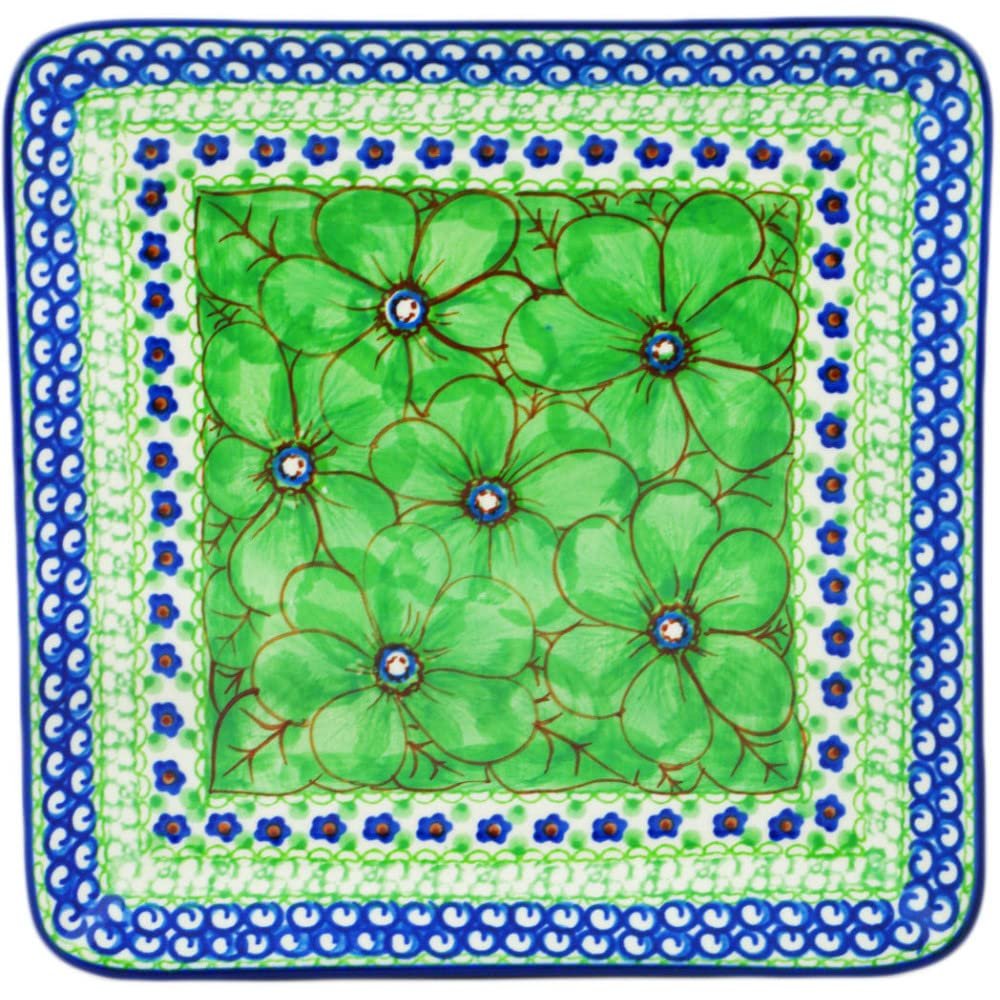 Polmedia Polish Pottery Square Platter 8-inch UNIKAT - Key Lime Dreams Pattern Handmade in Boleslawiec Poland by Ceramika Artystyczna + Certificate of Authenticity
