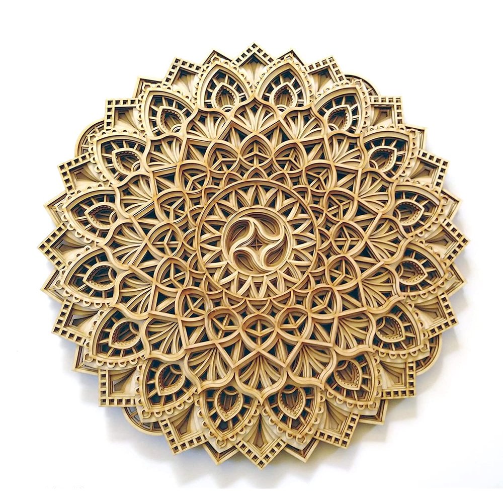 BHDecor Home Wall Decor  Multilayered Laser Cut Carved Elegant Wooden Mandala Hanging MDF Panels for Decoration - Rustic Contemporary Artwork Natural Wood, 11.8 x 11.8 inch (30cm)