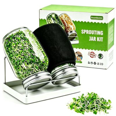Boombamo Premium Sprouting Jar Kit 2Pcs Large Wide Mouth Mason Jars With Screen Sprout Lid,Sprouting Jar Stand,Tray,Blackout Sleeves,-Seed Sprouting Kit For Growing Mung beans,Broccoli