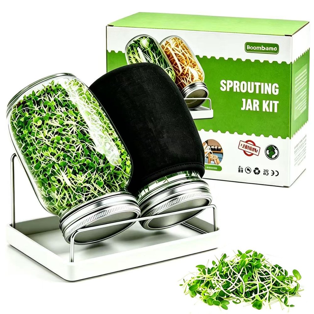 Boombamo Premium Sprouting Jar Kit 2Pcs Large Wide Mouth Mason Jars With Screen Sprout Lid,Sprouting Jar Stand,Tray,Blackout Sleeves,-Seed Sprouting Kit For Growing Mung beans,Broccoli
