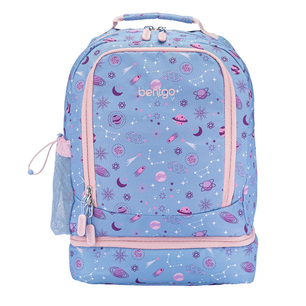 Bentgo Kids 2-in-1 Backpack & Insulated Lunch Bag - Durable 16 Backpack & Lunch Container in Unique Prints for School & Travel - Water Resistant, Padded & Large Compartments (Lavender Galaxy)