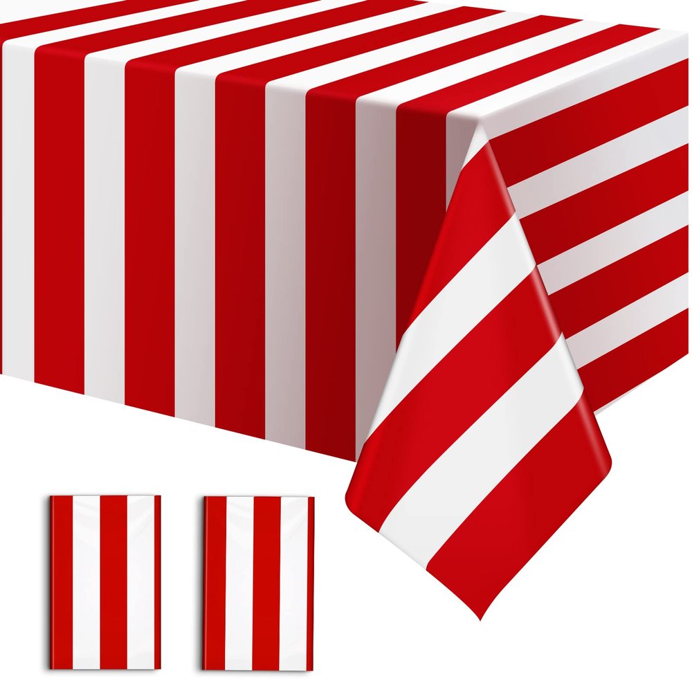 Babudeer 2 Pack Red and White Striped Tablecloth, 54 x 108 Inch Waterproof Disposable Plastic Table Cover, Rectangular Table Cloths for Birthday Christmas Carnival Circus Theme Party Decoration