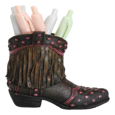 Ebros Gift Rustic Western Cowboy Cowgirl Brown Faux Tooled Leather with Pink Stars and Frill Fringe Boot Decorative Stationery Pen Pencil Make Up Tools Organizer Holder Or As Accent Figurine