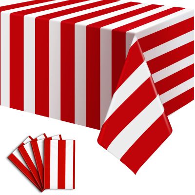 Babudeer 4 Pack Red and White Striped Tablecloth, 54 x 108 Inch Waterproof Disposable Plastic Table Cover, Rectangular Table Cloths for Birthday Christmas Carnival Circus Theme Party Decoration