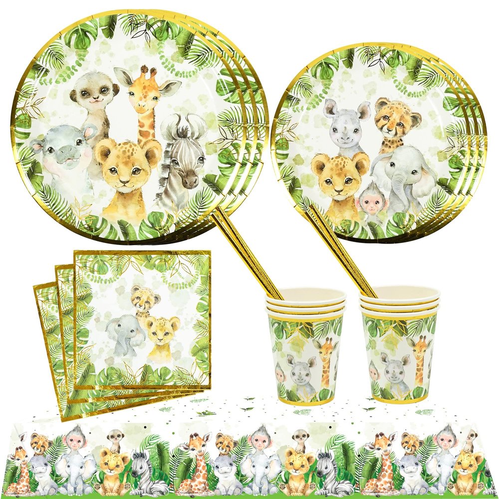 121Pc Jungle Safari Theme Baby Shower Decorations, Birthday Party Supplies For Boy And Girl, Tablecloth, Paper Plates Napkins Straws, Cups of Wild Animal Elephant Lion Giraffe Tableware Set, Serves 24