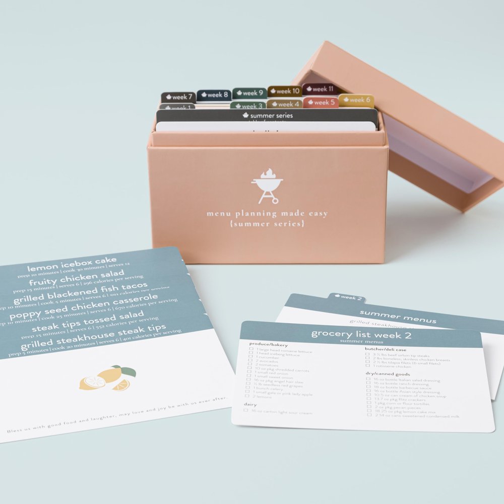 Passionate Penny Pincher Meal Planner with 72 Recipe Cards (Summer Menu) - Weekly Menu | Sturdy Box 12 Reusable Grocery Shopping Lists 5 Blank Card Protector Ideas
