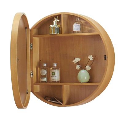 TNXZ Round Bathroom Medicine Cabinet with Mirror, Wall Mounted Bathroom Storage Cabinet with Mirror Door & Shelves, Mirror Cabinet for Bathroom Living Room,Wood Color,60cm/23.6in
