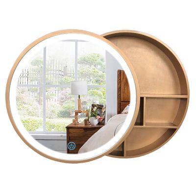 TNXZ Round Bathroom Mirror Cabinet Bathroom Wall Storage Cabinet Mirror Medicine Cabinet with LED Wood Hanging Wall Cabinet Push-Pull Medicine Cabinet,Gold,50cm/19.7in