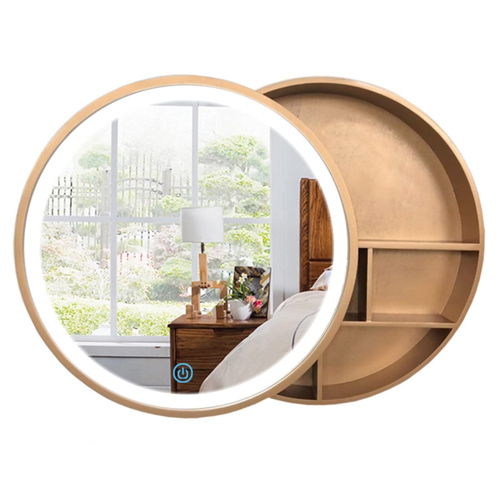 TNXZ Round Bathroom Mirror Cabinet Bathroom Wall Storage Cabinet Mirror Medicine Cabinet with LED Wood Hanging Wall Cabinet Push-Pull Medicine Cabinet,Gold,50cm/19.7in