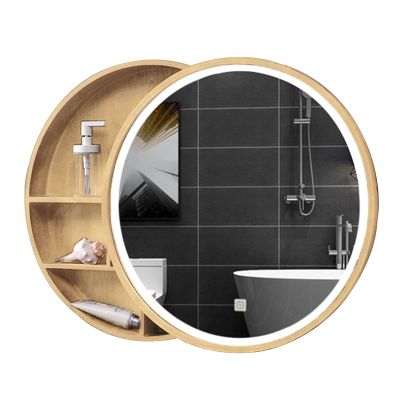 TNXZ Round Bathroom Mirror Cabinet Bathroom Wall Storage Cabinet Mirror Medicine Cabinet with LED Wood Hanging Wall Cabinet Push-Pull Medicine Cabinet,Wood Color,50cm/19.7in
