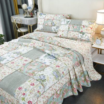 Brandream Queen Size Patchwork Quilts Cotton Green Country Floral Quilted Comforter Set Lightweight Coverlet Set