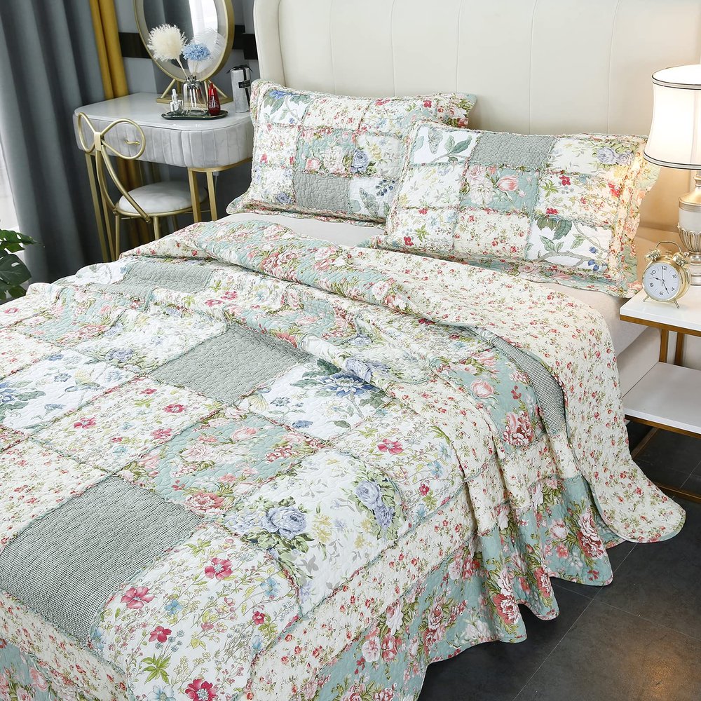Brandream Queen Size Patchwork Quilts Cotton Green Country Floral Quilted Comforter Set Lightweight Coverlet Set