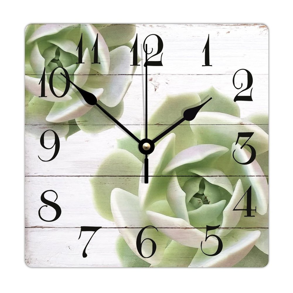 12 Inch Wood Wall Clock Easy to Read Quiet Succulent Plants Square Wood Clock Modern Aesthetic Style Wall Clock Perfect for School Bedroom Farmhouse Wall Decor