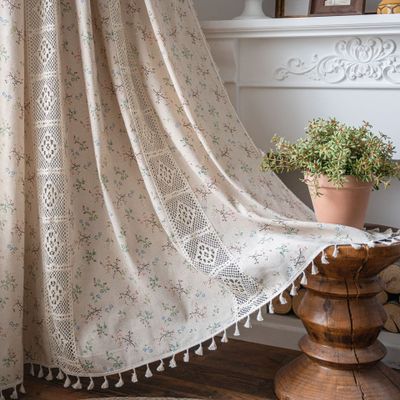 Boho Curtains for Living Room Floral Cloth Splicing Crochet Lace Curtain Panels for Farmhouse Rod Pocket Tassel Curtains for Sliding Glass Door Patio Bedroom 1 Panel 59 Inch Wide by 63 Inch Length