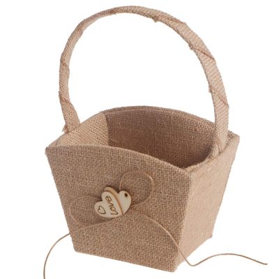 Burlap Wedding Flower Girl Basket with Love Heart Bowknot Handle for Wedding Celebrations Ceremony Vintage Rustic