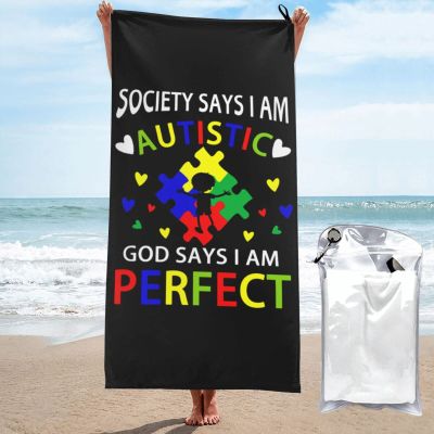 DARLEKS Society Say I'm Autistic God Says I'm Perfect Beach Towel Oversized, Microfiber Beach Towel with Pocket Sand Free Beach Blanket Lightweight Thin Towels 31.5"X63"