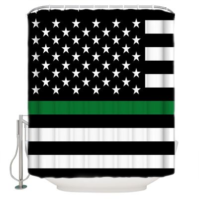 Shower Curtain Thin Green Line Flag Border Patrol, Park Ranger and Conservation Officer Shower Curtains Waterproof Polyester Fabric Bath Curtains with Hooks for Farmhouse Bathroom Decor 66" Wx72 L