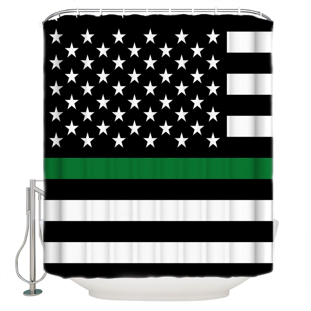 Shower Curtain Thin Green Line Flag Border Patrol, Park Ranger and Conservation Officer Shower Curtains Waterproof Polyester Fabric Bath Curtains with Hooks for Farmhouse Bathroom Decor 66" Wx72 L