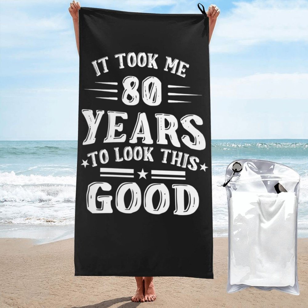 DARLEKS Happy 80th Birthday Beach Towel Oversized, Microfiber Beach Towel with Pocket Sand Free Beach Blanket Lightweight Thin Towels 27.5"X55"