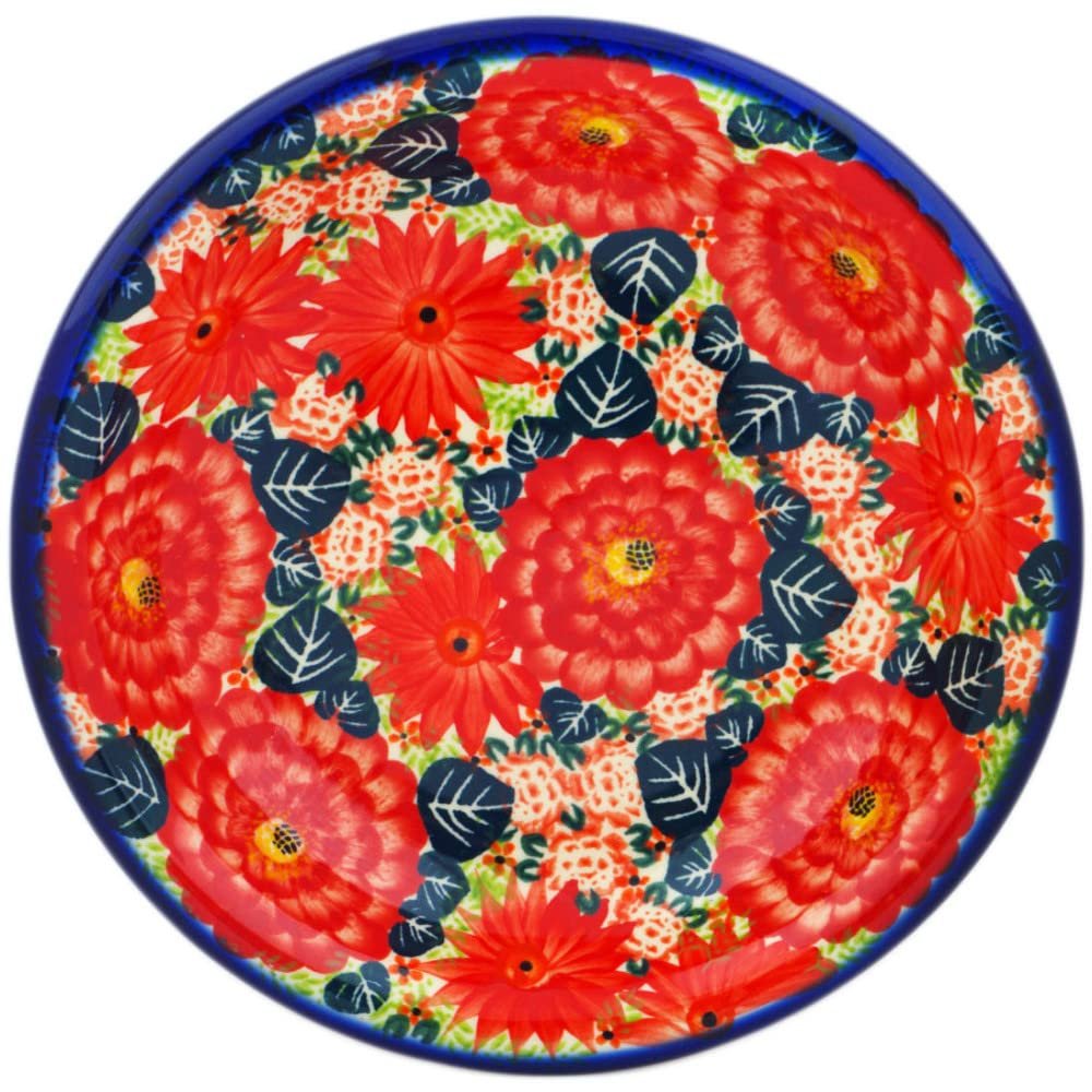 Polmedia Polish Pottery Pasta Bowl 9-inch UNIKAT - Radiant Red Garden Pattern Handmade in Boleslawiec Poland by Ceramika Bona + Certificate of Authenticity