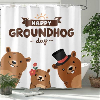Sunteeny Shower Curtain Happy Groundhog Day Funny Groundhog Shower Curtains Waterproof Polyester Fabric Bath Curtains with Hooks for Farmhouse Bathroom Decor 54" Wx78 L