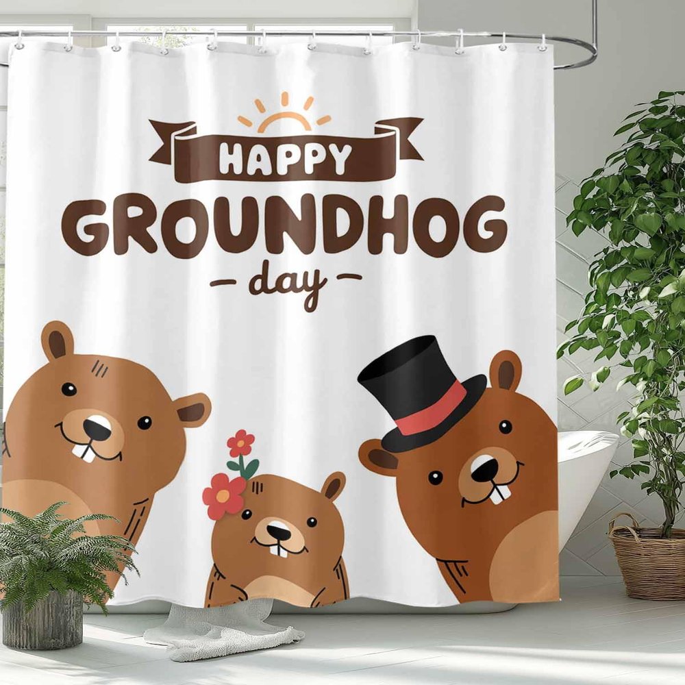 Sunteeny Shower Curtain Happy Groundhog Day Funny Groundhog Shower Curtains Waterproof Polyester Fabric Bath Curtains with Hooks for Farmhouse Bathroom Decor 54" Wx78 L