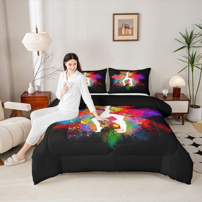 Gymnastics Dance Comforter Set Twin Size,Rainbow Watercolor Tie Dye Bedding Set for Girls Kids Woman Room Decor,Cheerleading Bedspread Yoga Lover Down Comforter 2pcs with 1 Pillowcase,Black