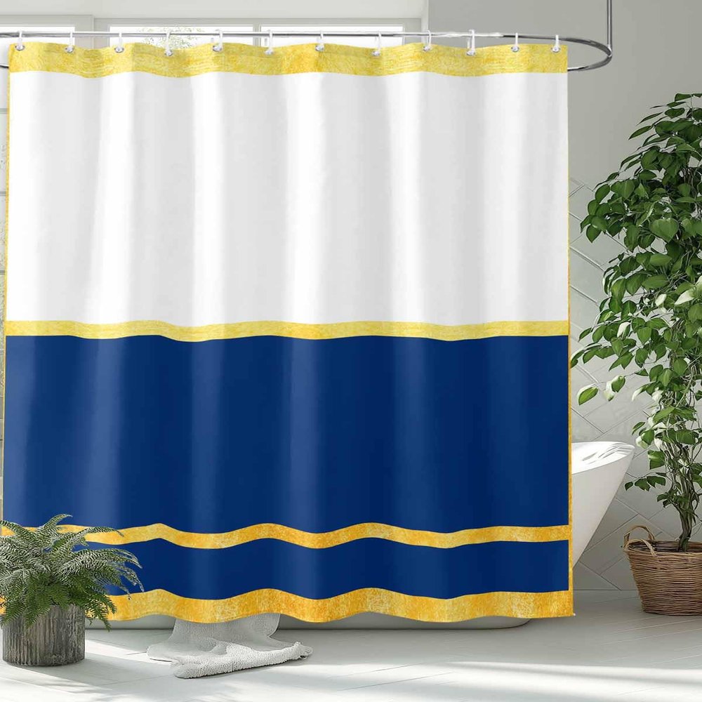 Sunteeny Shower Curtain Modern Art Luxury Navy Blue Yellow Stripe White Shower Curtains Waterproof Polyester Fabric Bath Curtains with Hooks for Farmhouse Bathroom Decor 36" Wx78 L