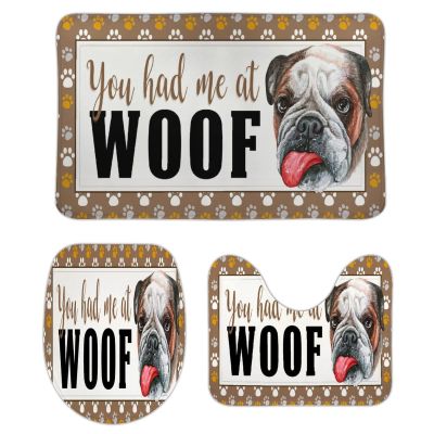 3 Pieces You Had Me at Woof English Bulldog Bathroom Rug Set, Pet PortraitFrame Soft Foam Non Slip Bath Mats Sets Toilet Contour Mat Lid Cover for Bathtub Shower and Bathroom Decor 18x30 Inch