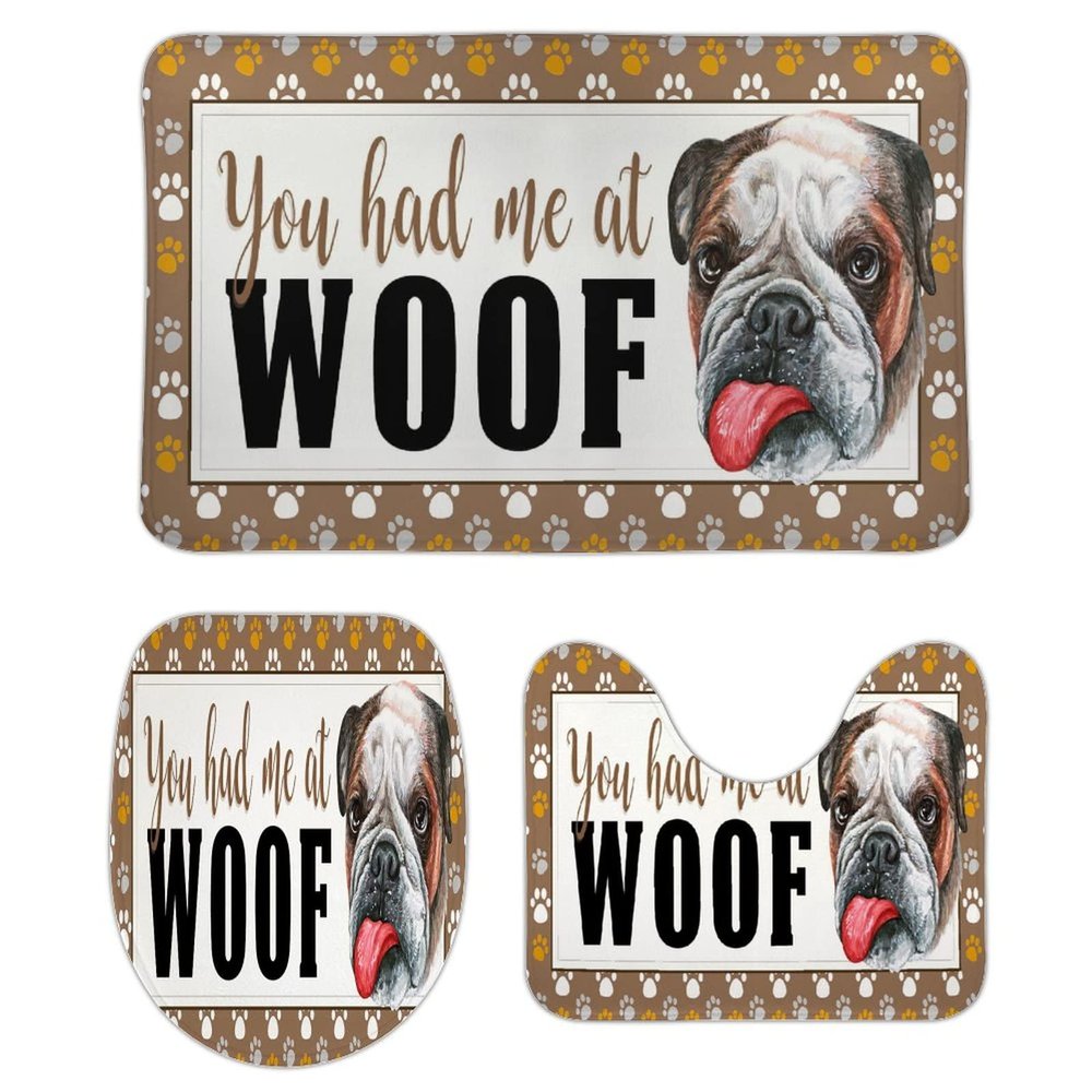 3 Pieces You Had Me at Woof English Bulldog Bathroom Rug Set, Pet PortraitFrame Soft Foam Non Slip Bath Mats Sets Toilet Contour Mat Lid Cover for Bathtub Shower and Bathroom Decor 18x30 Inch
