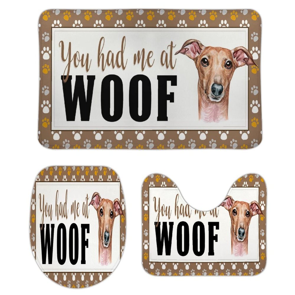 3 Pieces You Had Me at Woof Italian Greyhound Bathroom Rug Set, Cute Dog Soft Foam Non Slip Bath Mats Sets Toilet Contour Mat Lid Cover for Bathtub Shower and Bathroom Decor 18x30 Inch