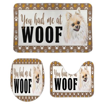 3 Pieces You Had Me at Woof Pomeranian Bathroom Rug Set, Puppy Doggy Soft Foam Non Slip Bath Mats Sets Toilet Contour Mat Lid Cover for Bathtub Shower and Bathroom Decor 20x32 Inch