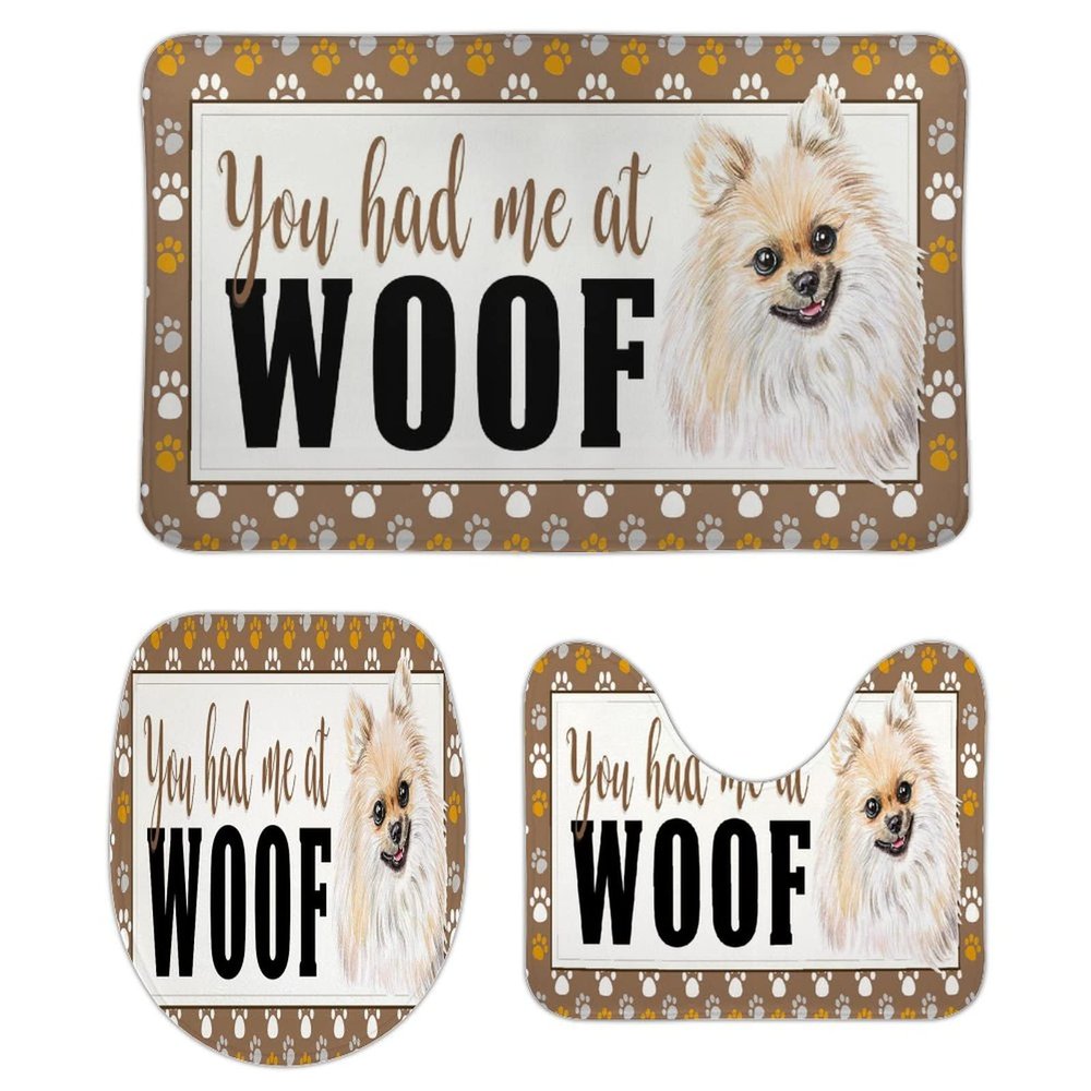 3 Pieces You Had Me at Woof Pomeranian Bathroom Rug Set, Puppy Doggy Soft Foam Non Slip Bath Mats Sets Toilet Contour Mat Lid Cover for Bathtub Shower and Bathroom Decor 20x32 Inch