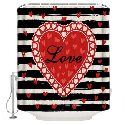 Shower Curtain Valentine's Day Red Heart Love Black White Striped Shower Curtains Waterproof Polyester Fabric Bath Curtains with Hooks for Farmhouse Bathroom Decor 36" Wx72 L