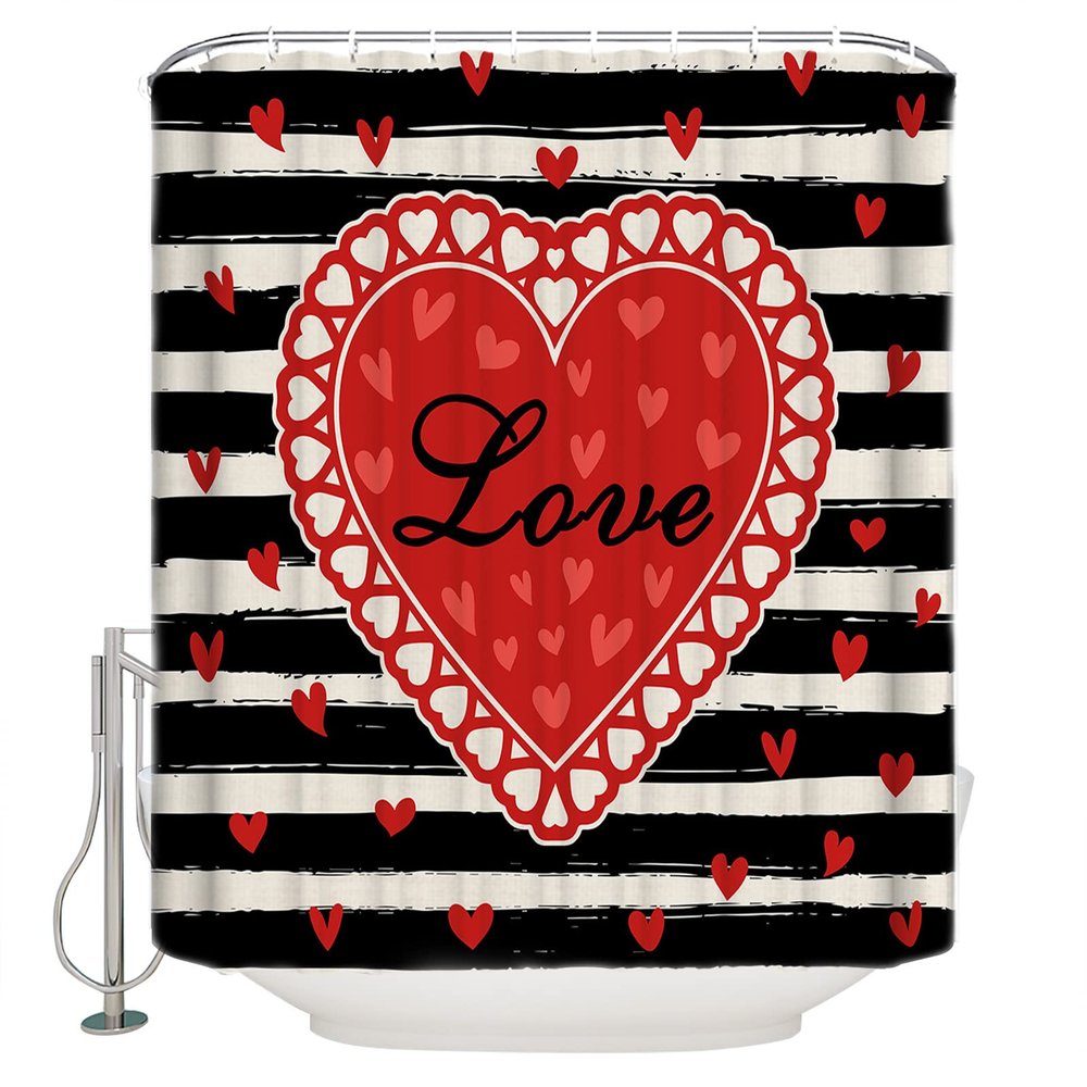 Shower Curtain Valentine's Day Red Heart Love Black White Striped Shower Curtains Waterproof Polyester Fabric Bath Curtains with Hooks for Farmhouse Bathroom Decor 36" Wx72 L
