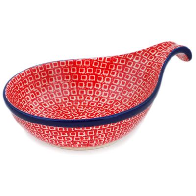 Polmedia Polish Pottery Condiment Dish UNIKAT - Red Squares Pattern Handmade in Boleslawiec Poland by Ceramika Artystyczna + Certificate of Authenticity