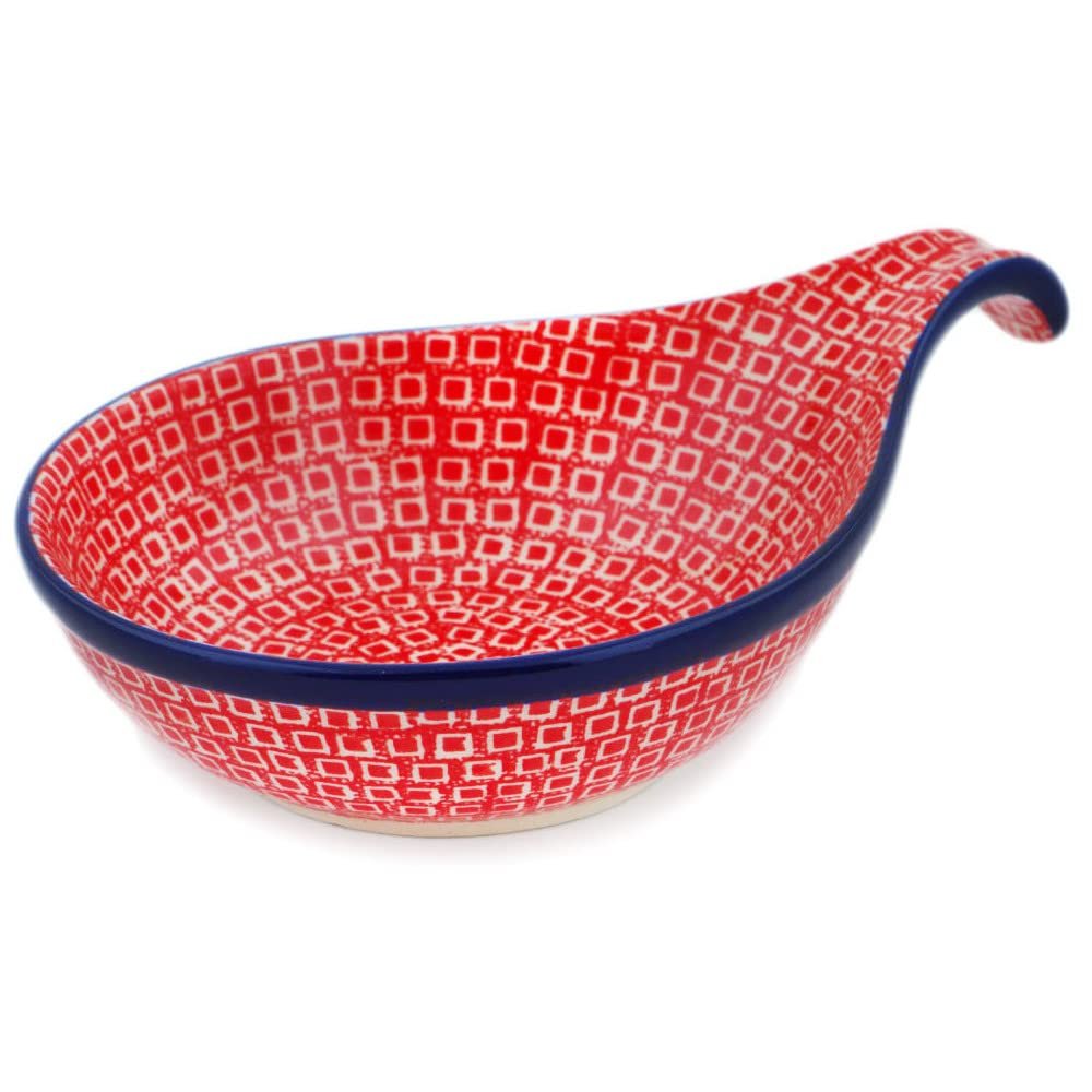 Polmedia Polish Pottery Condiment Dish UNIKAT - Red Squares Pattern Handmade in Boleslawiec Poland by Ceramika Artystyczna + Certificate of Authenticity