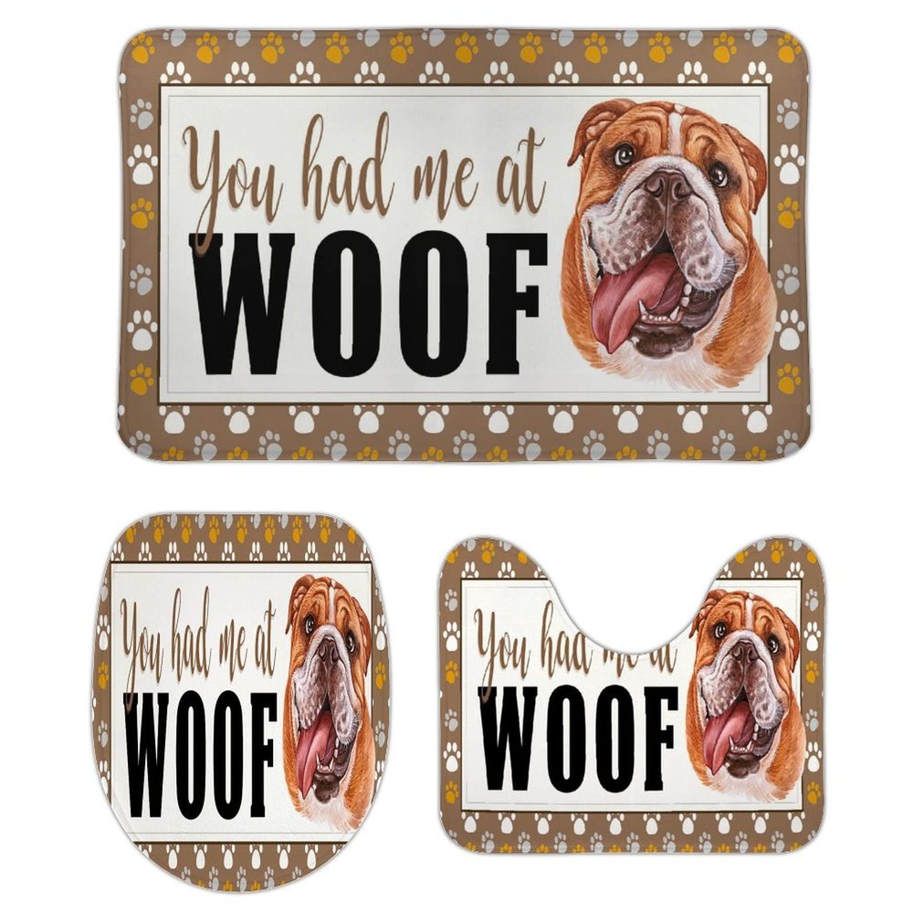 3 Pieces You Had Me at Woof American Pit Bull Terrier Bathroom Rug Set, Cute Dog Soft Foam Non Slip Bath Mats Sets Toilet Contour Mat Lid Cover for Bathtub Shower and Bathroom Decor 20x32 Inch
