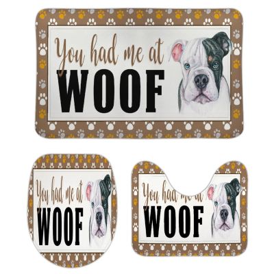 3 Pieces You Had Me at Woof English Bulldog Bathroom Rug Set, Puppy Doggy Soft Foam Non Slip Bath Mats Sets Toilet Contour Mat Lid Cover for Bathtub Shower and Bathroom Decor 18x30 Inch
