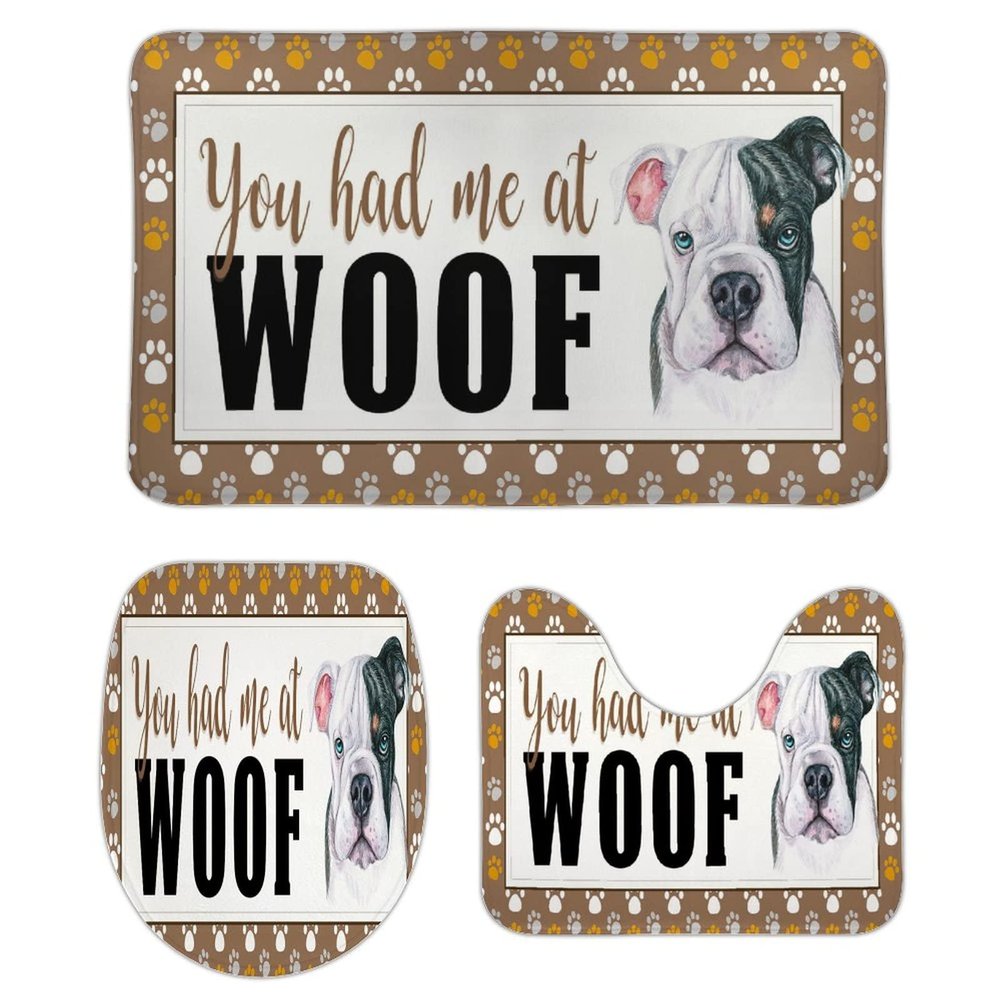 3 Pieces You Had Me at Woof English Bulldog Bathroom Rug Set, Puppy Doggy Soft Foam Non Slip Bath Mats Sets Toilet Contour Mat Lid Cover for Bathtub Shower and Bathroom Decor 18x30 Inch