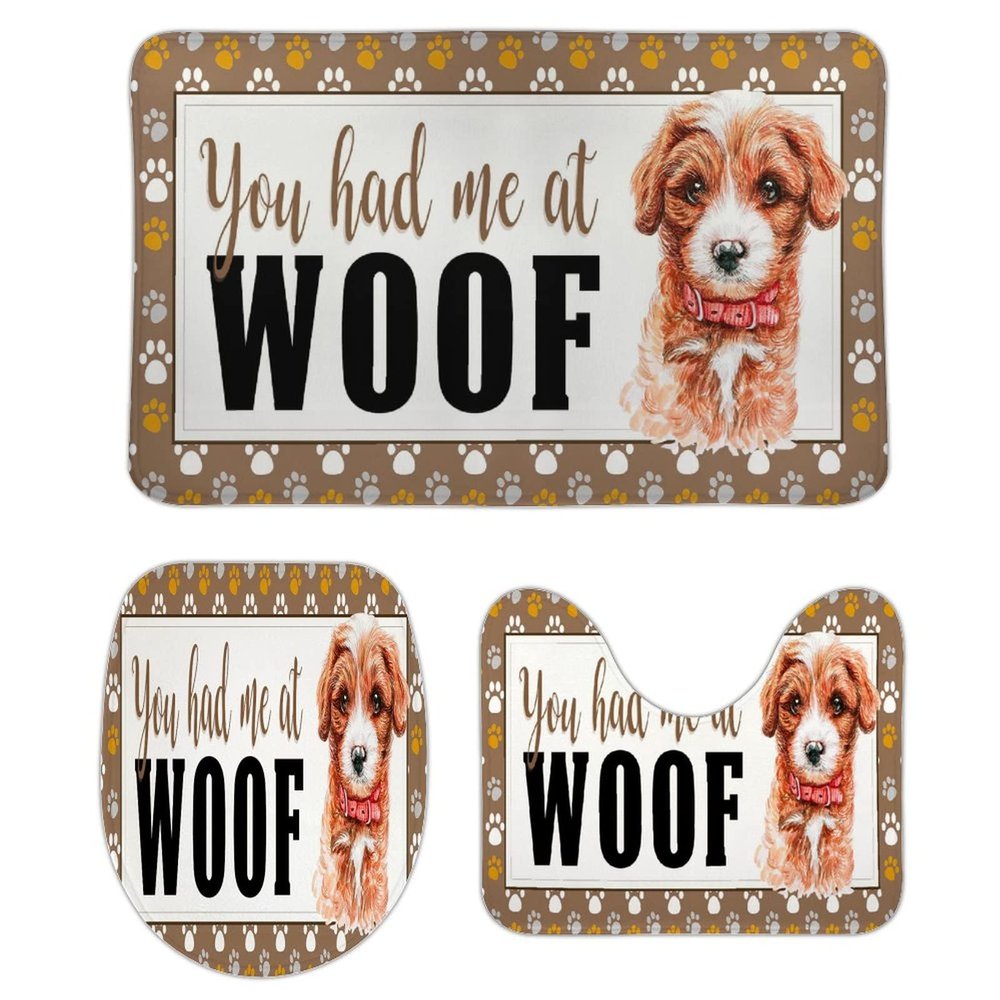 3 Pieces You Had Me at Woof Cocker Spaniel Bathroom Rug Set, Dogs Baby Dogs Soft Foam Non Slip Bath Mats Sets Toilet Contour Mat Lid Cover for Bathtub Shower and Bathroom Decor 18x30 Inch