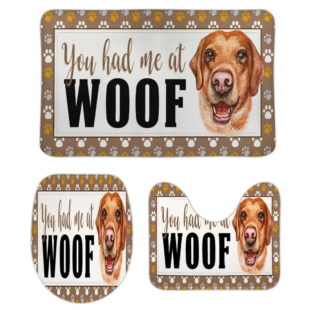 3 Pieces You Had Me at Woof Golden Retriever Bathroom Rug Set, Pet PortraitFrame Soft Foam Non Slip Bath Mats Sets Toilet Contour Mat Lid Cover for Bathtub Shower and Bathroom Decor 20x32 Inch