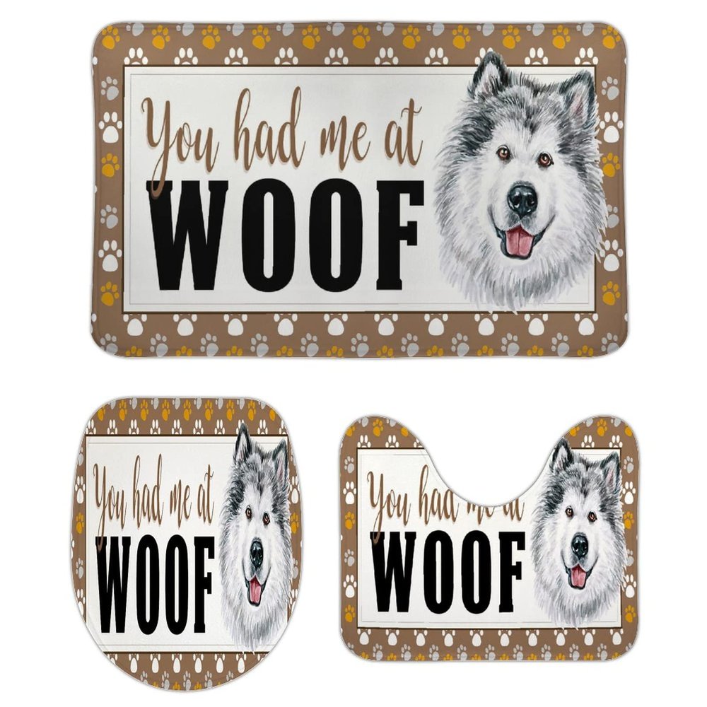 3 Pieces You Had Me at Woof Alaskan Malamute Bathroom Rug Set, Dogs Baby Dogs Soft Foam Non Slip Bath Mats Sets Toilet Contour Mat Lid Cover for Bathtub Shower and Bathroom Decor 20x32 Inch