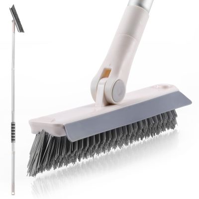 Grout Brush with Long Handle, 2 in 1 Floor Scrub Brush with Squeegee, Shower Scrubber Cleaner Swivel Stiff Bristle for Cleaning Baseboards Tile Floors Bathroom Wall
