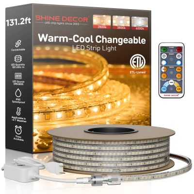 Shine Decor LED Strip Light Connectable, CCT 2800-6000K Warm-Cool Changing Tone for Room, 131FT 120V Plug-in Outdoor Rope Lighting Cold Resistant Waterproof ETL Listed, Remote Timer Available