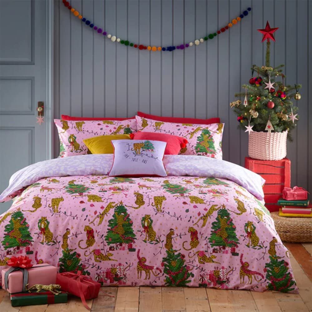 furn. Purrfect Christmas Double Duvet Cover Set, Cotton, Polyester, Pink/Lilac